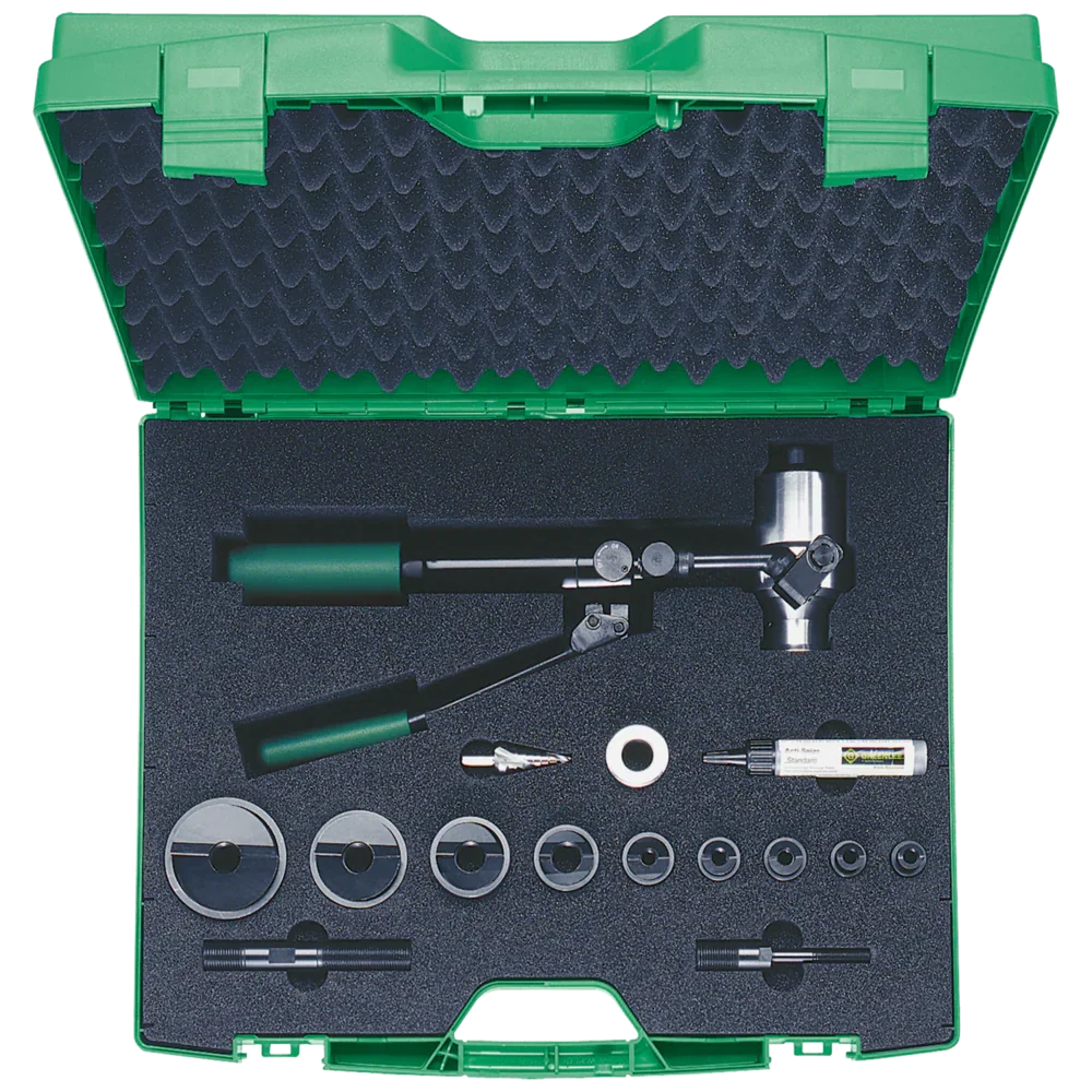 מערכת ניקוב הידראולית ידנית ראש מסתובב כולל 5 פנצ'ים במידות של 16.2-20.4-25.4-32.5-40.5 GREENLEE hand hydraulic punching set 90C ISO 16-40 - כלי עבודה - Uriel-Shay - אור שי סיטונאות חשמל בע״מ