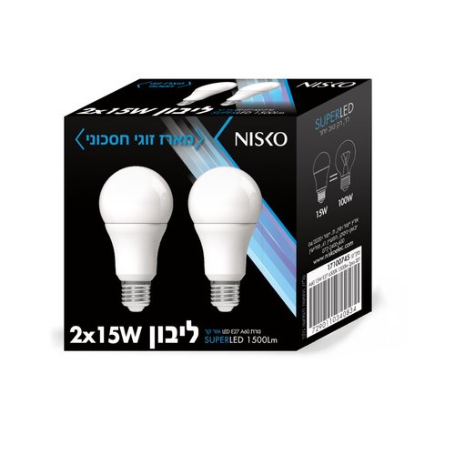 זוג נורות ליבון לד לבן E27 15W אור קר