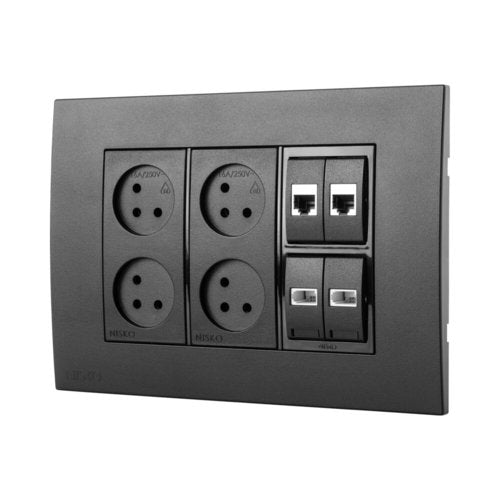 עמדת HOME & OFFICE תחת הטיח שחור מט 6 מודול, 4 שקעים ומתאם ניסקו סוויץ'