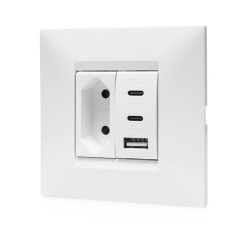 מארז טריפל USB עם שקע דו פיני לקופסא 55, מתאם ומסגרת BE לבנה ניסקו סוויץ'
