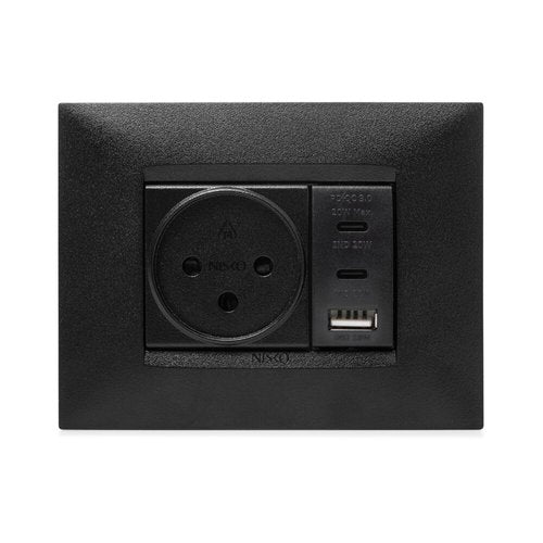 מטען 3 יציאות USB 2C+A PD 20W שחור מט 1 מודול ניסקו סוויץ'