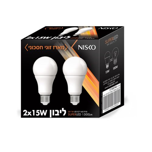 זוג נורות ליבון לד לבן E27 15W אור חם