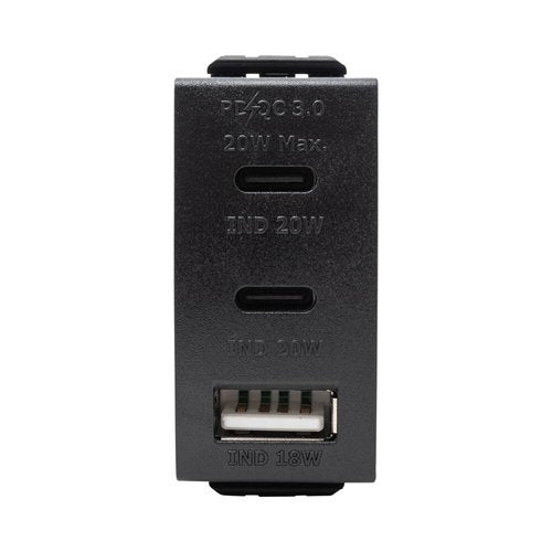 מטען 3 יציאות USB 2C+A PD 20W שחור מט 1 מודול ניסקו סוויץ'