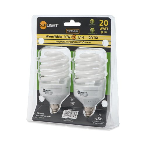 זוג נורות מיני ספירל 20W E14 אור חם