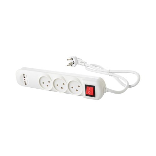 רב שקע לבן 3 שקעים + מפסק + 2X USB3.1A + כבל כ-1 מטר